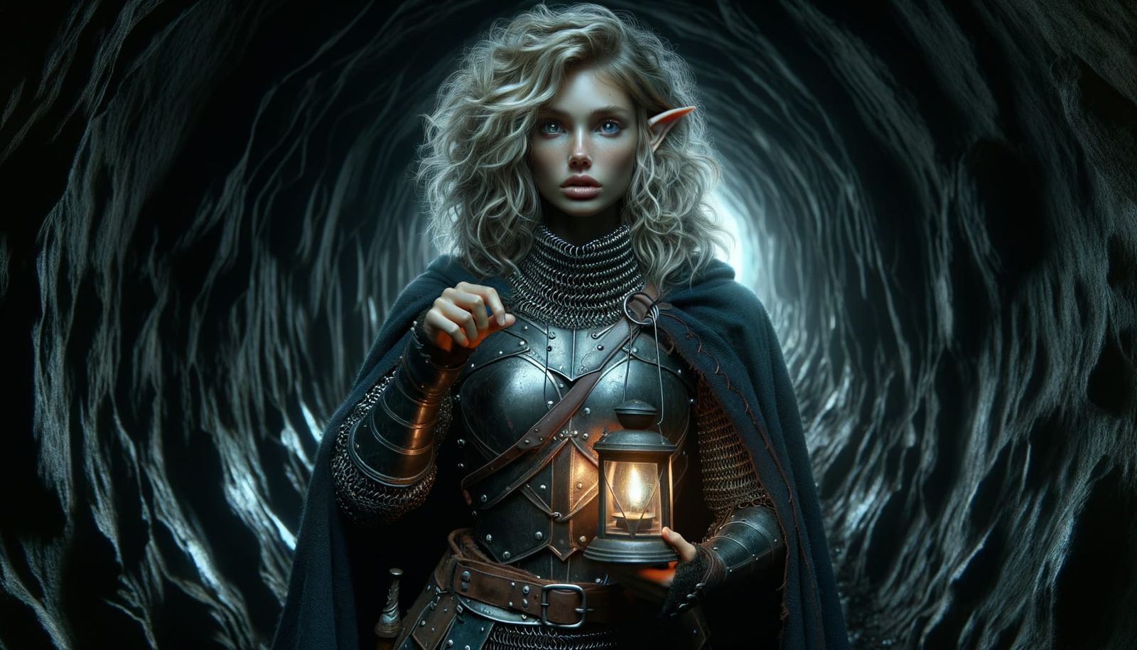 Elf Explorer in Dark Tunnel