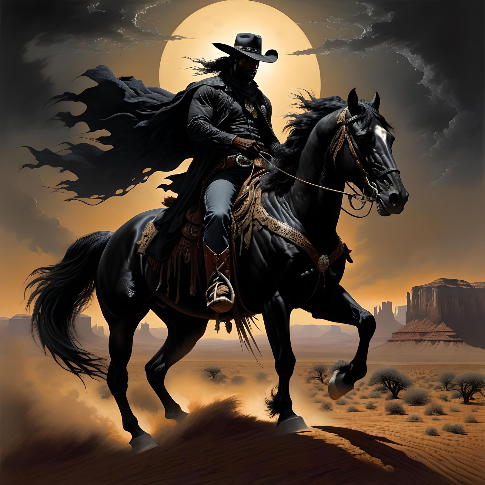 Sinister Cowboy on Black Horse in Desert