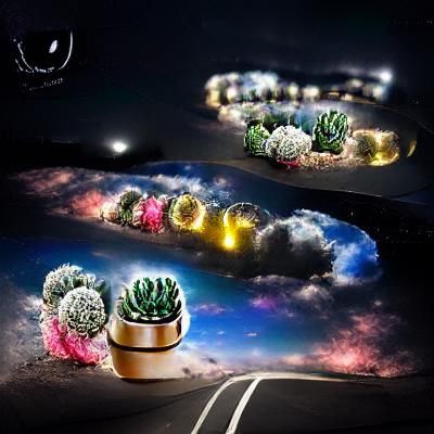 Night Sky Road with Cacti and Planets