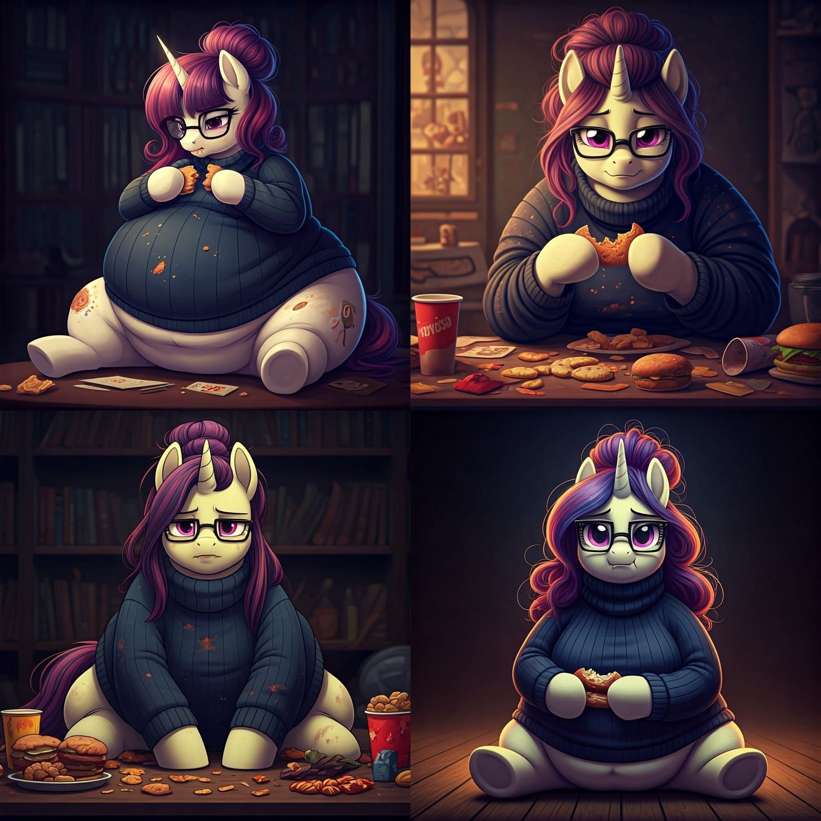 Overweight Cartoon Unicorn Eating Junk Food