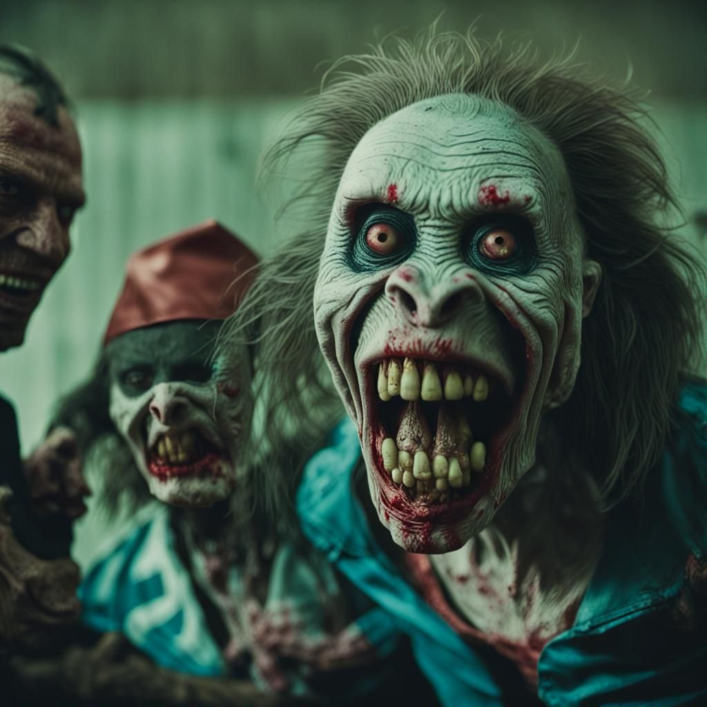 Zombie Monkey Clowns Attack Woman: Cinematic Film Still