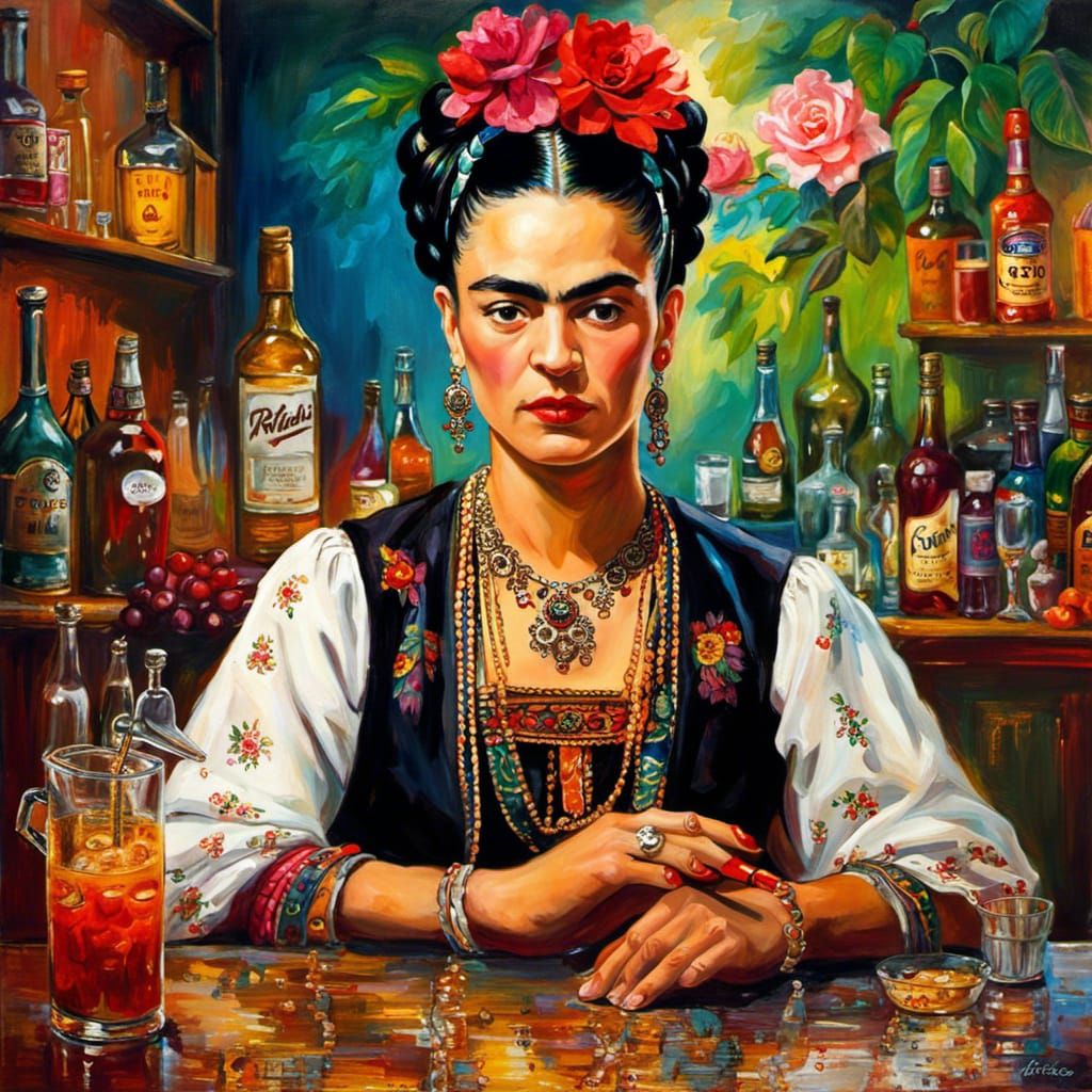 Frida Kahlo working as a bartender