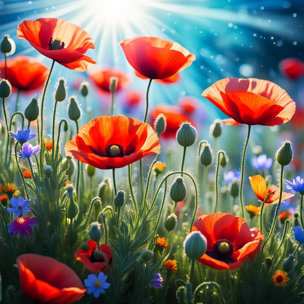 Bioluminescent Poppy and Wildflowers in Impasto Style