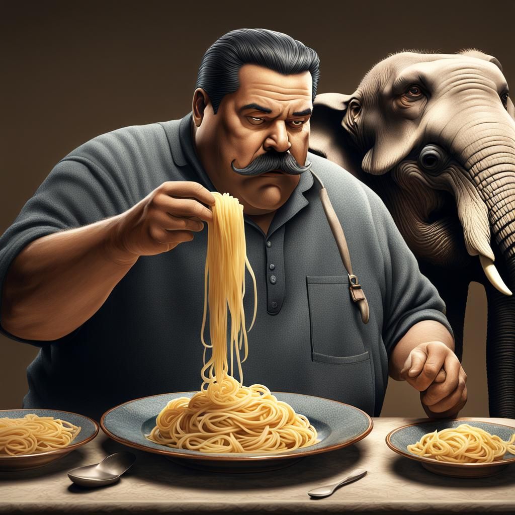 Man and Elephant About to Eat Pasta, Hyperrealistic Concept ...
