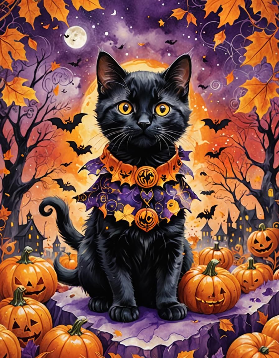 Halloween Kitten Fantasy Illustration in Marbled Watercolor