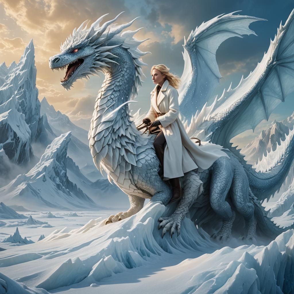 Girl Rides Ice Dragon in Fantasy Landscape