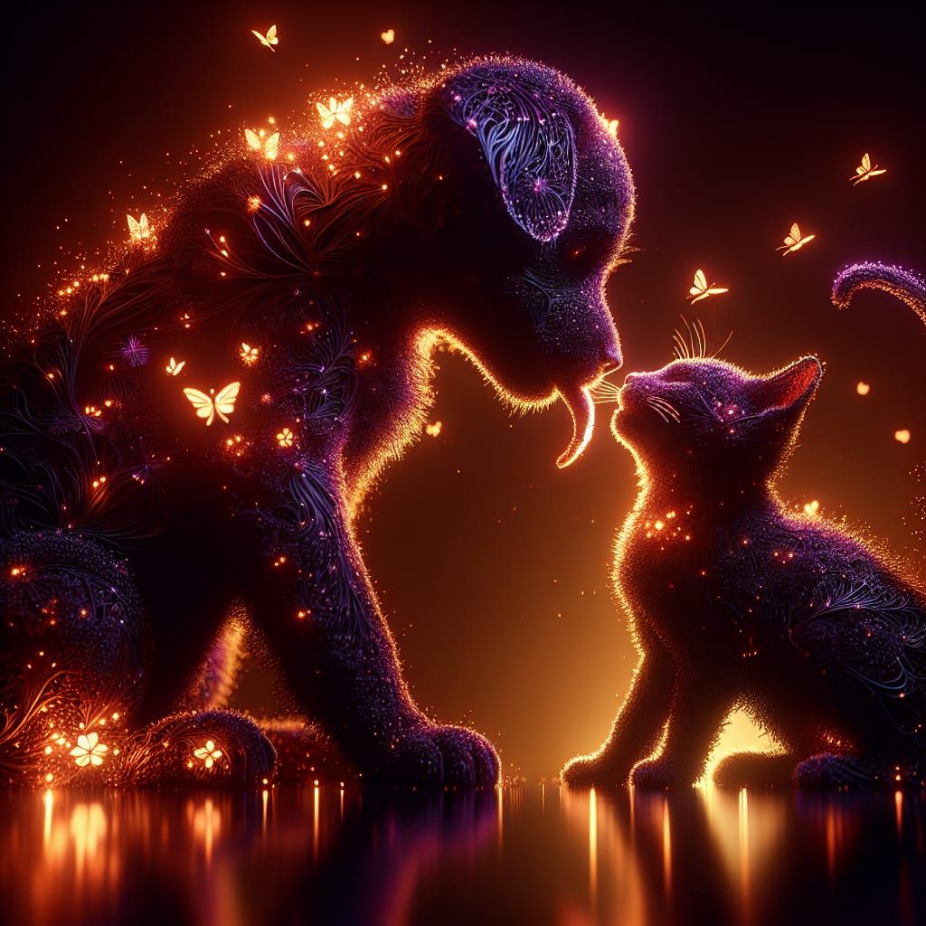 Firefly Puppy Licking Kitten in Glitchcore Style