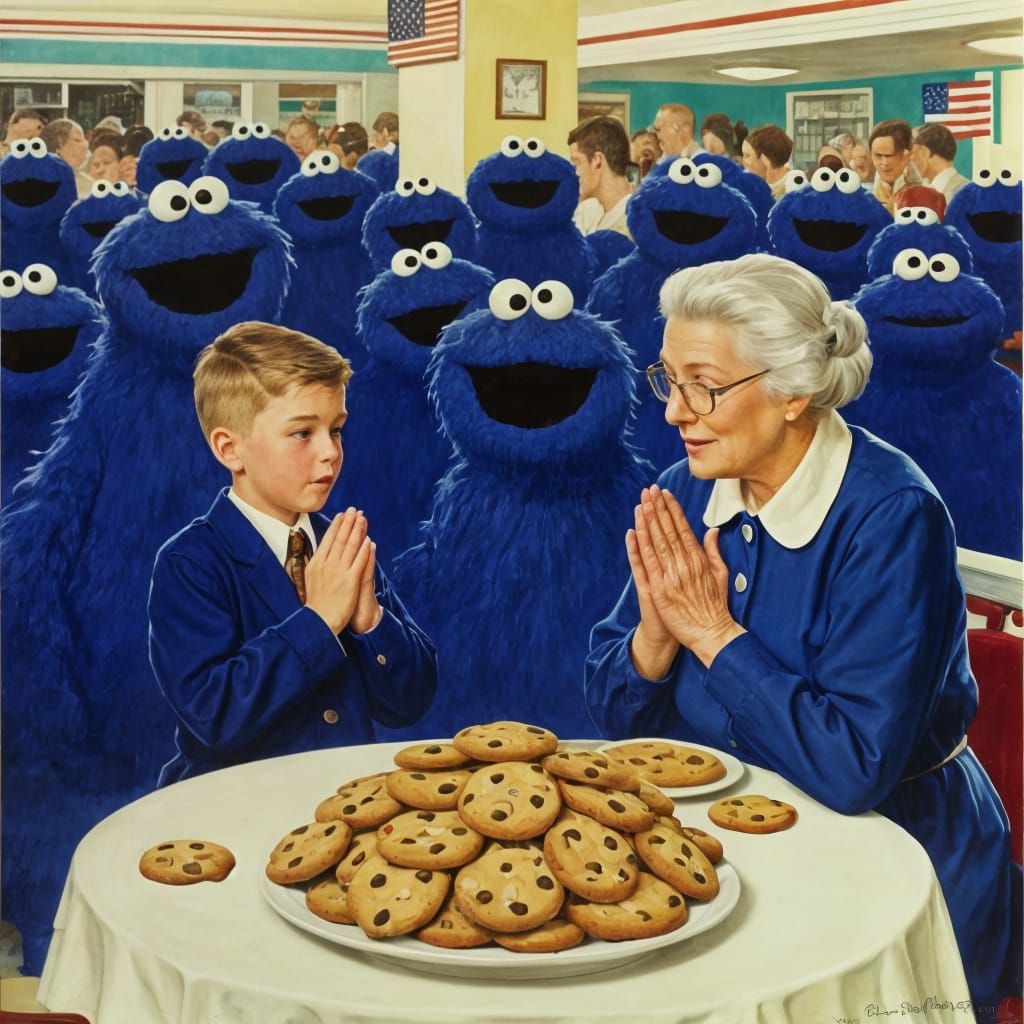 Cookie Monster Saying Grace in 1950s Diner Painting