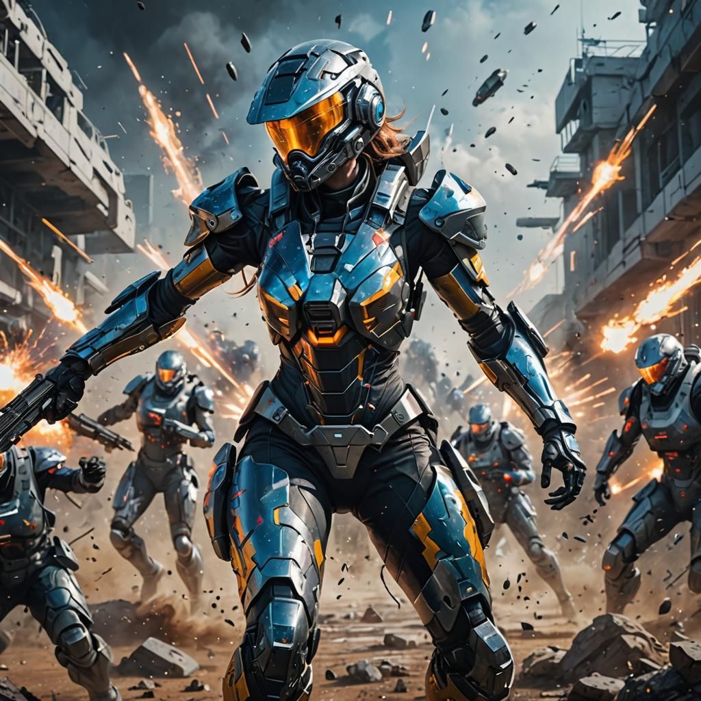 Futuristic Girl Warrior in Hyperrealistic Battlefield Art