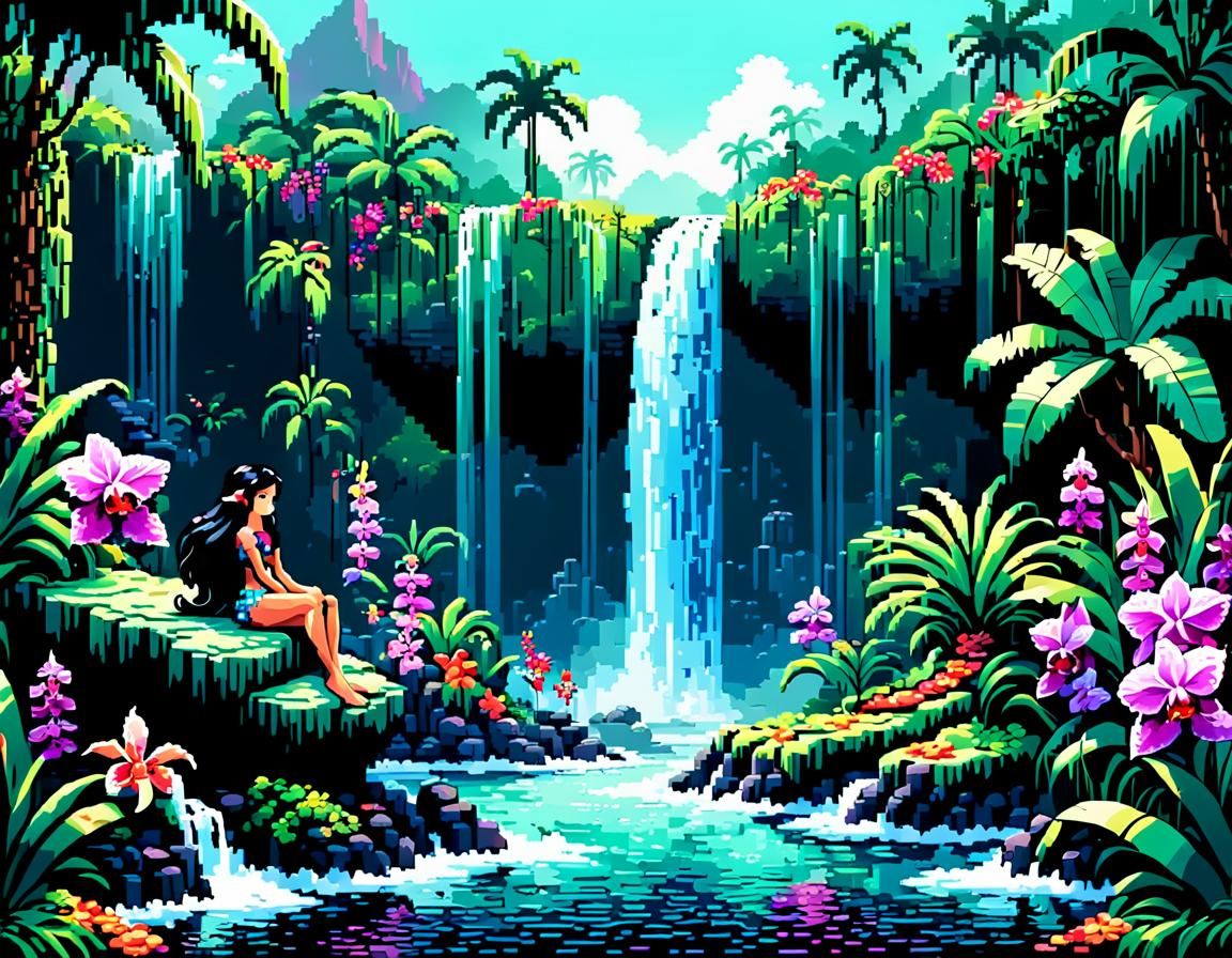 pixel art, Maui waterfalls
