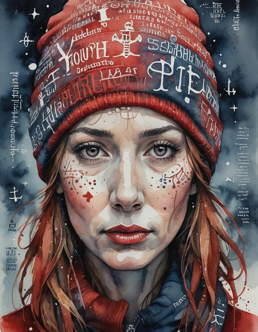Surreal Watercolor Text Portrait of Woman in Red Beanie
