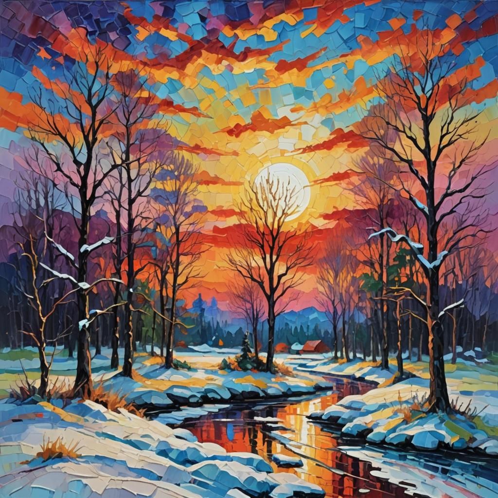 Spectacular Winter Sunset: Neo-Impressionist Impasto Paintin...