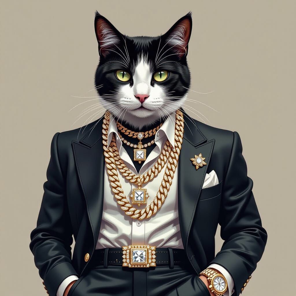 Opulent Cat in Diamond Jewelry and Designer Clothing