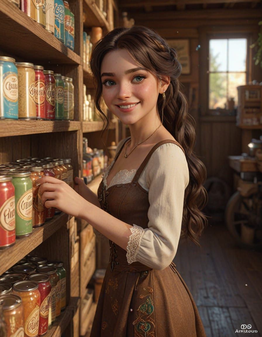 Western Maiden at Frontier Store, Pixar Style
