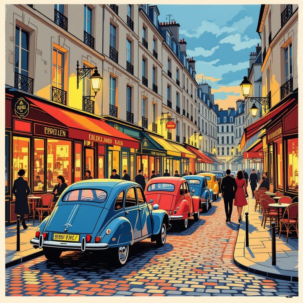 1960s Paris at Dusk in Mid-Century Poster Style
