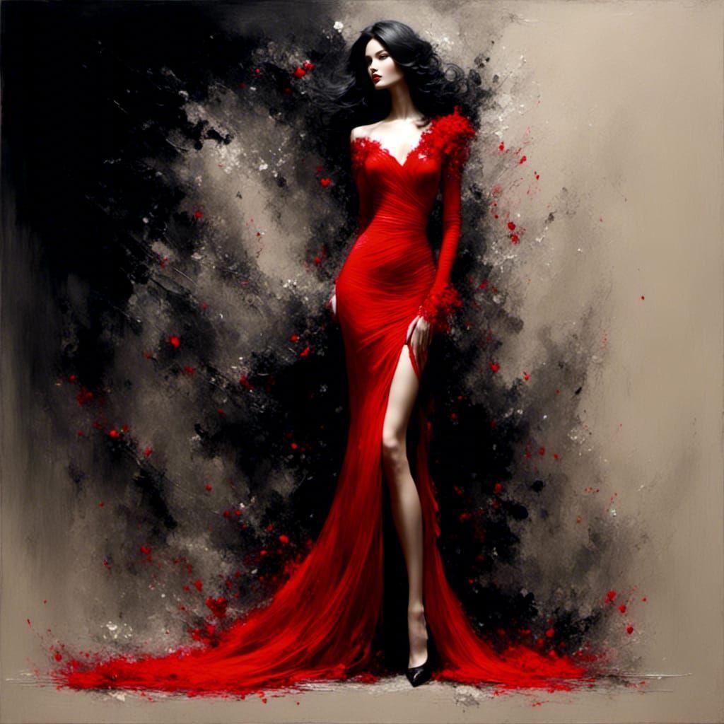 Elegant Woman in Red Gown, Oil Painting Style