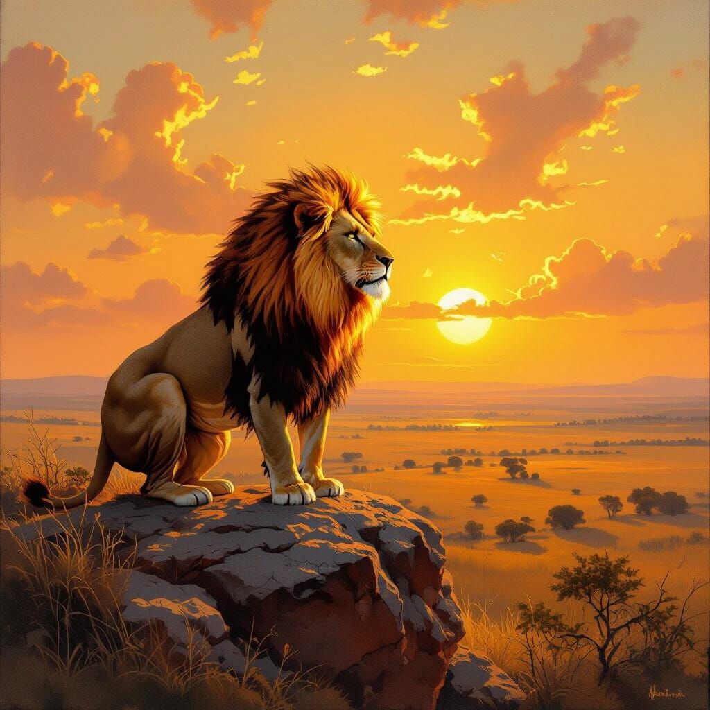 Lion with Fiery Mane on Savannah, Oil Painting