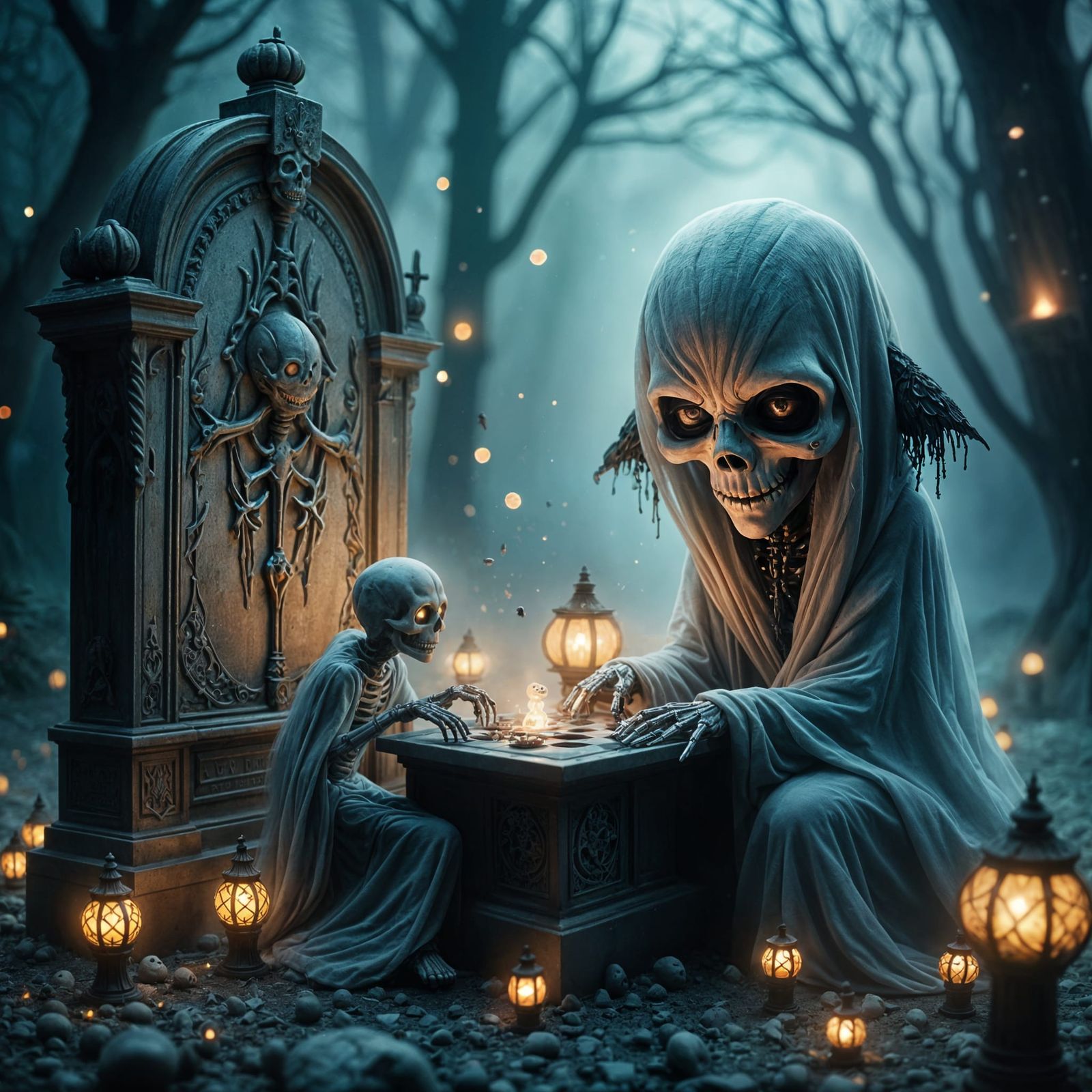 Cute Ghost Plays Checkers with Skeleton Friend on Haunting G...