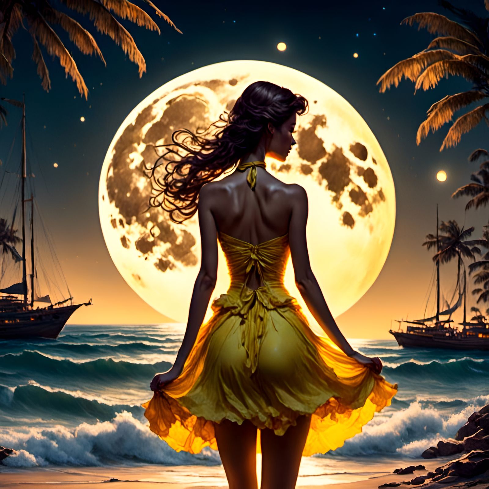 Princess Belle at Moonlit Beach: Romantic Watercolor