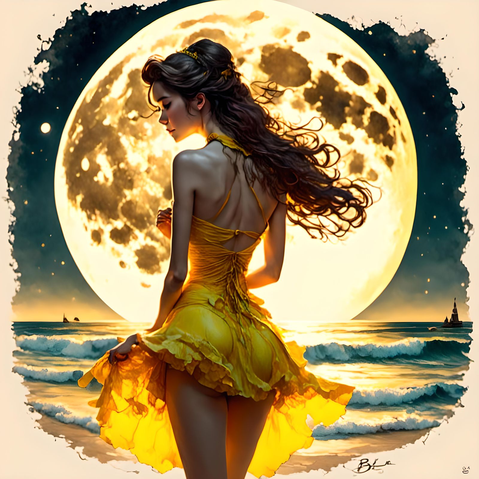 Princess Belle at Beach Under Full Moon
