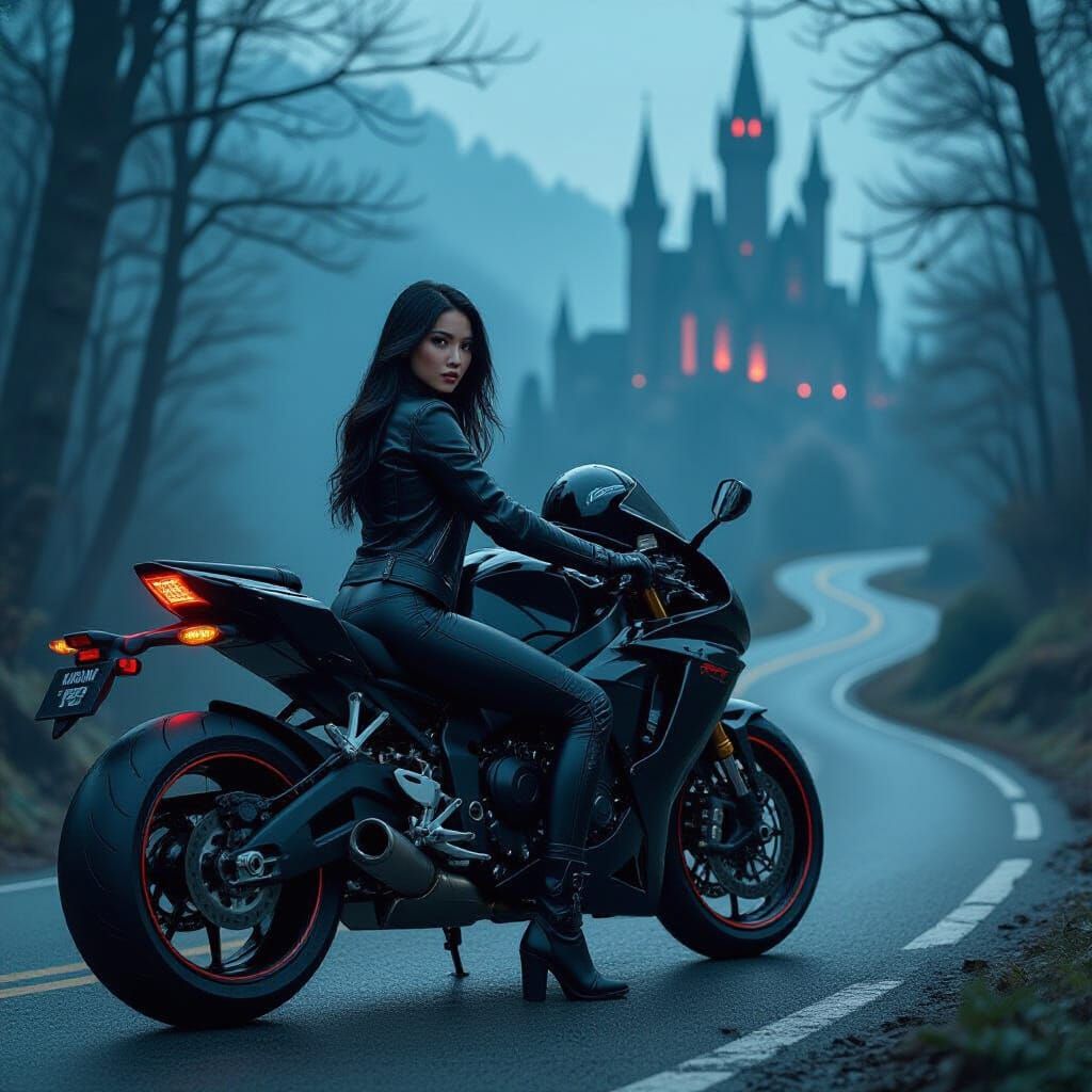 Gothic Cyberpunk Biker in Spooky Woodland