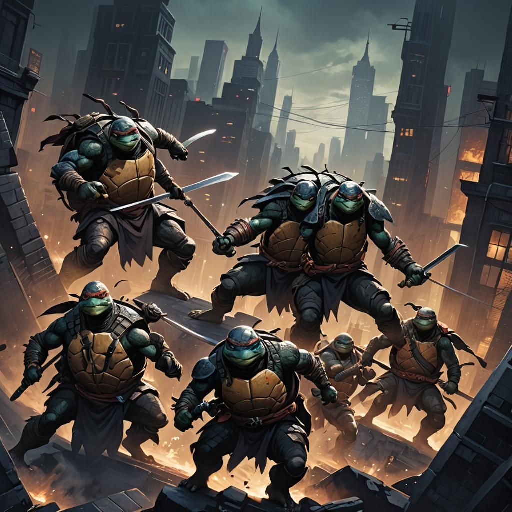 Dark Fantasy Ninja Turtles Battle in Cityscape