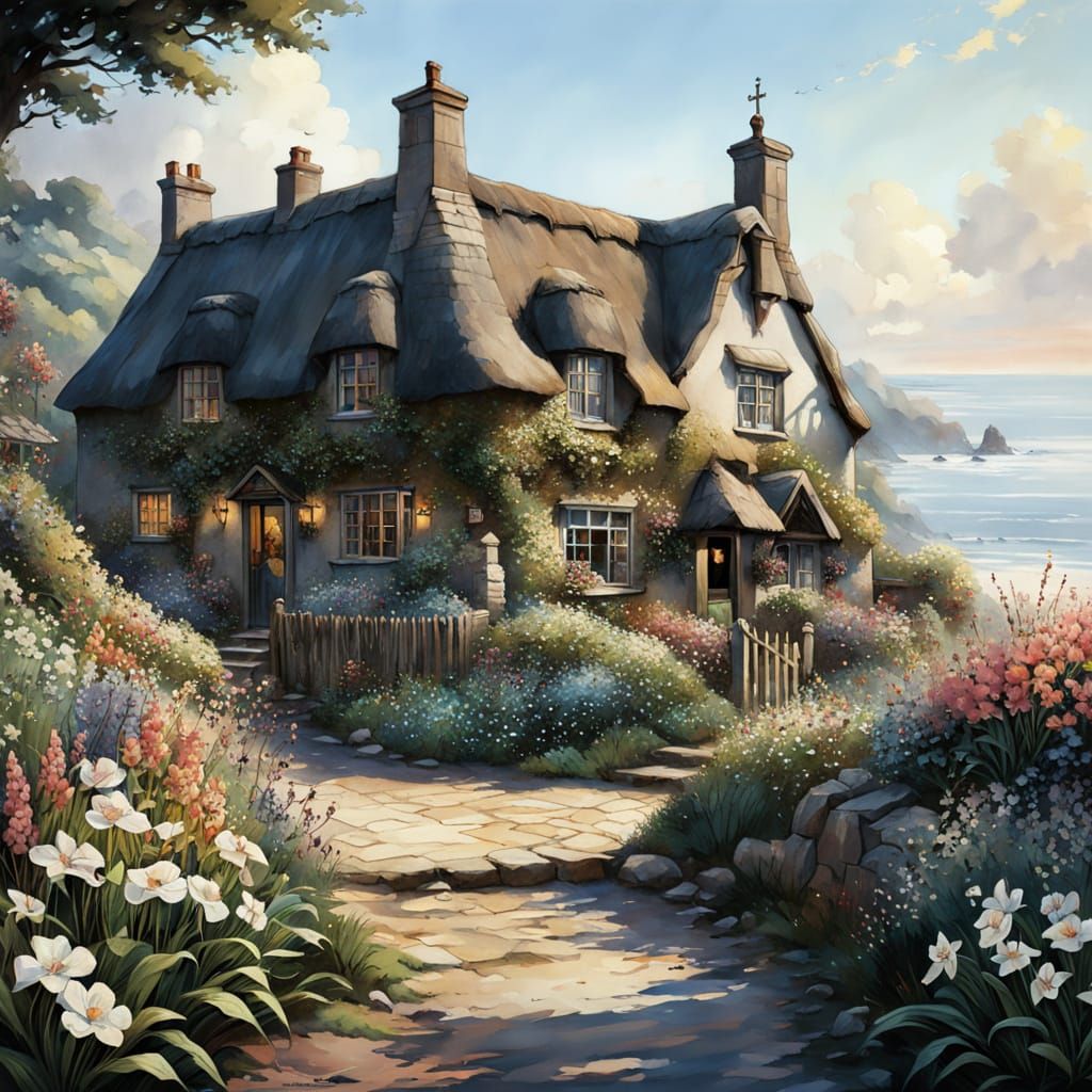 Coastal Thatched Pub Amidst Blooming English Landscape