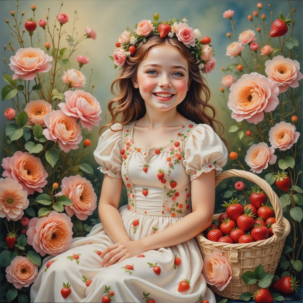 Smiling Girl with Strawberries in Hyperrealistic Impressioni...