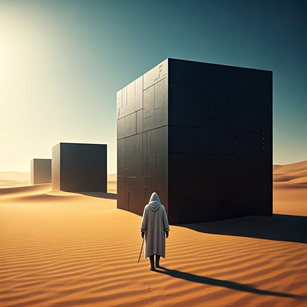 Figure Approaches a Geometric Monolith in the Desert