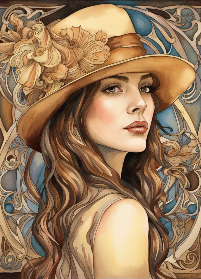 Psychedelic Art Nouveau Portrait of Woman in Watercolor