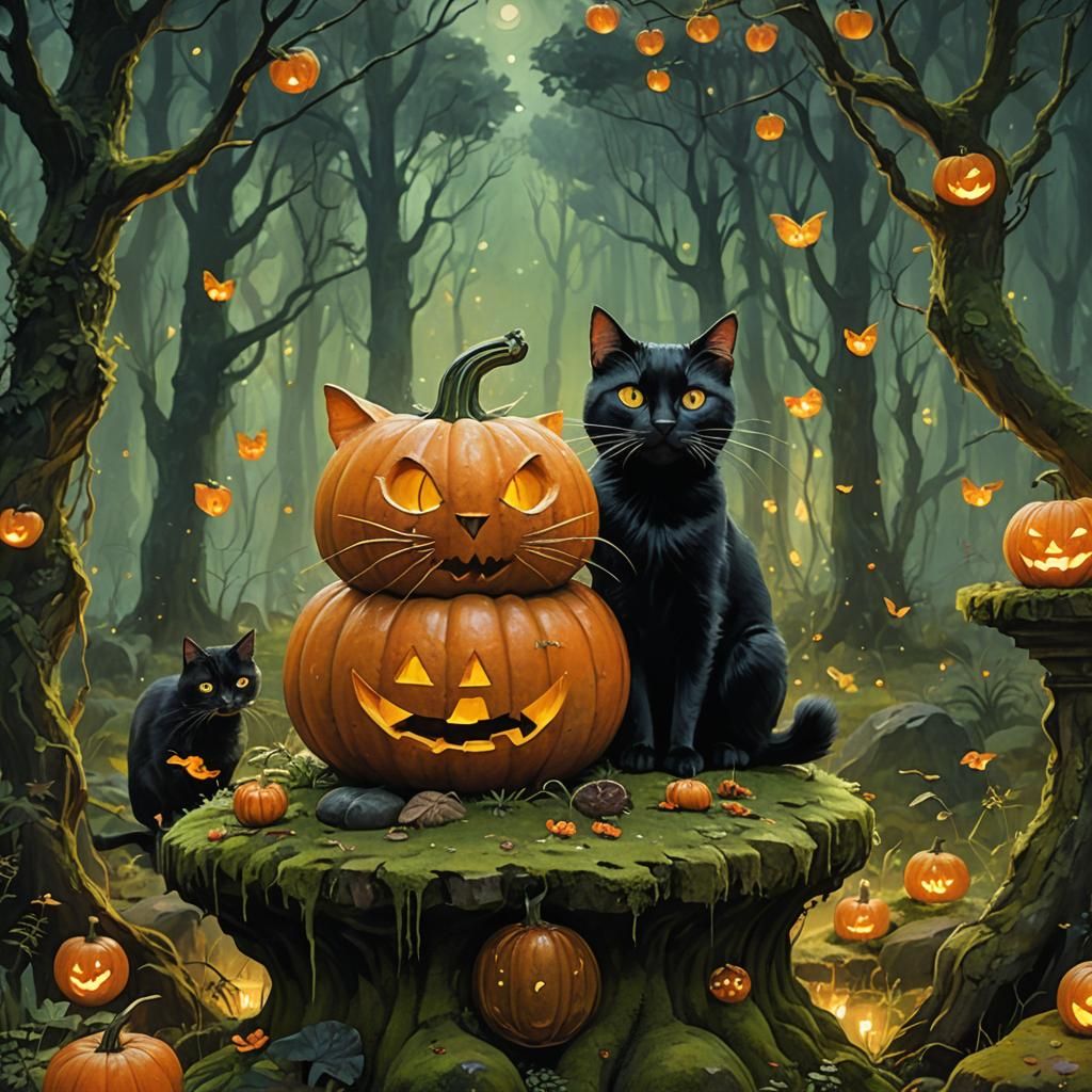 Eerie Forest Scene: Cat and Pumpkin in Oil Painting Style