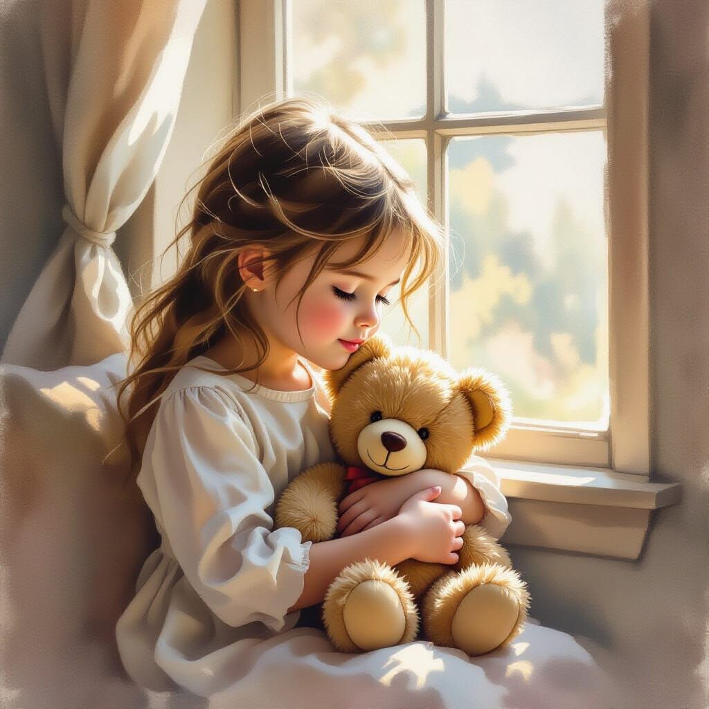 Girl Clutches Teddy Bear in Gentle Watercolor Style