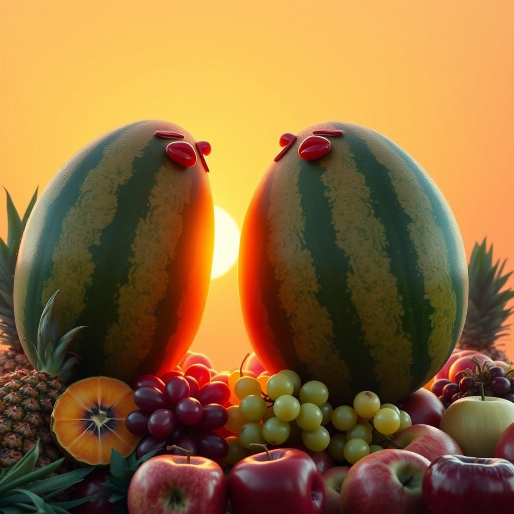 Hyperrealistic Watermelons Dance at Sunset