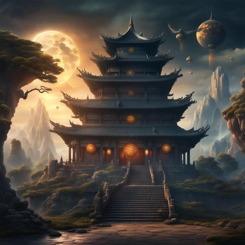 Ancient Chinese Temple of Magic in Dark Fantasy