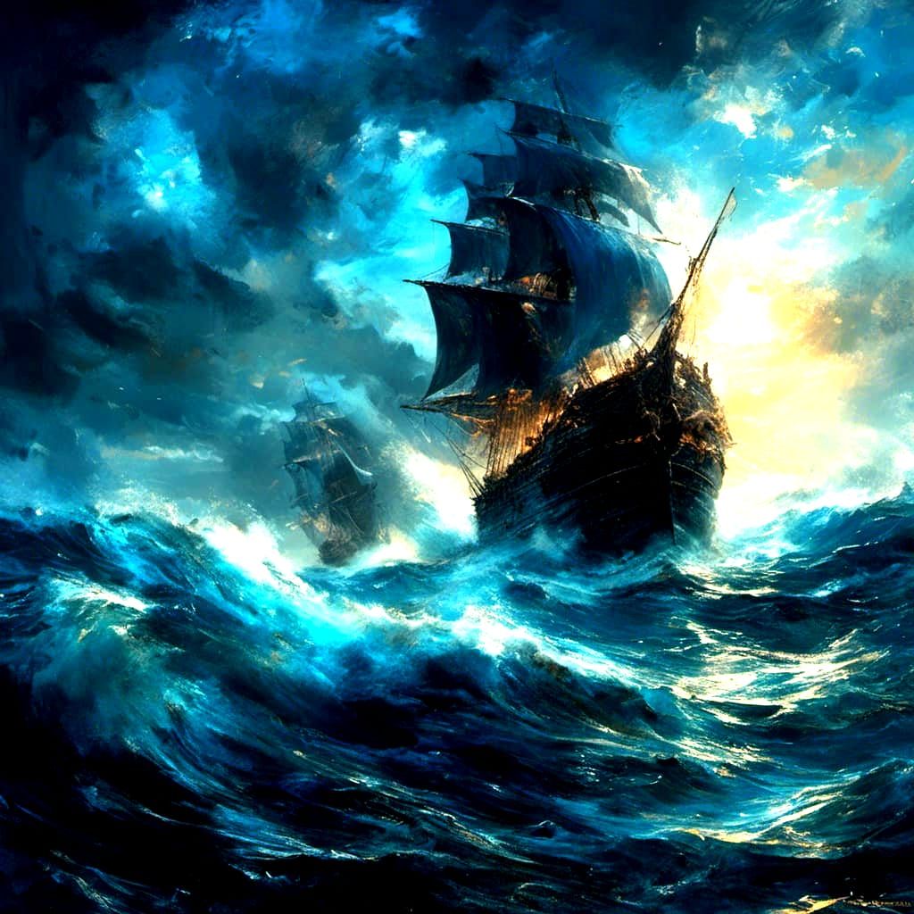 Enchanted Ocean Scene with Medieval Warship