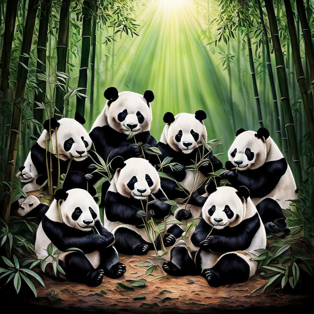 Panda Family Feast in Sunlit Forest
