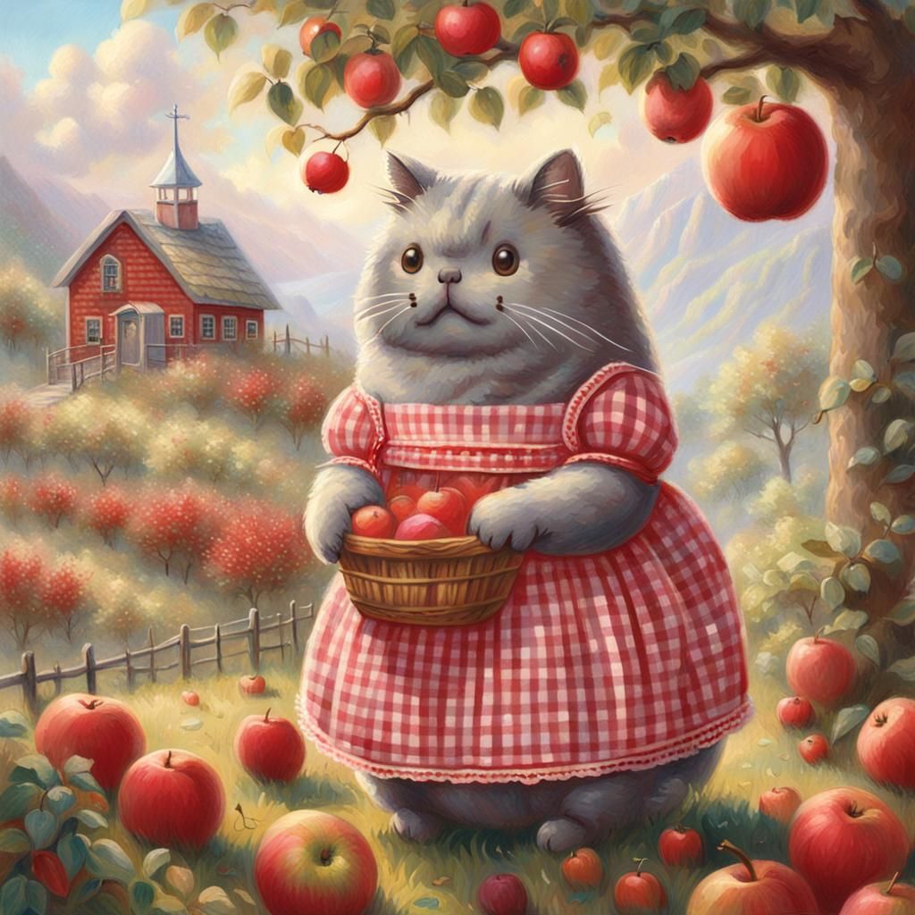 Pusheen Picking Apples: Ethereal Fantasy Art
