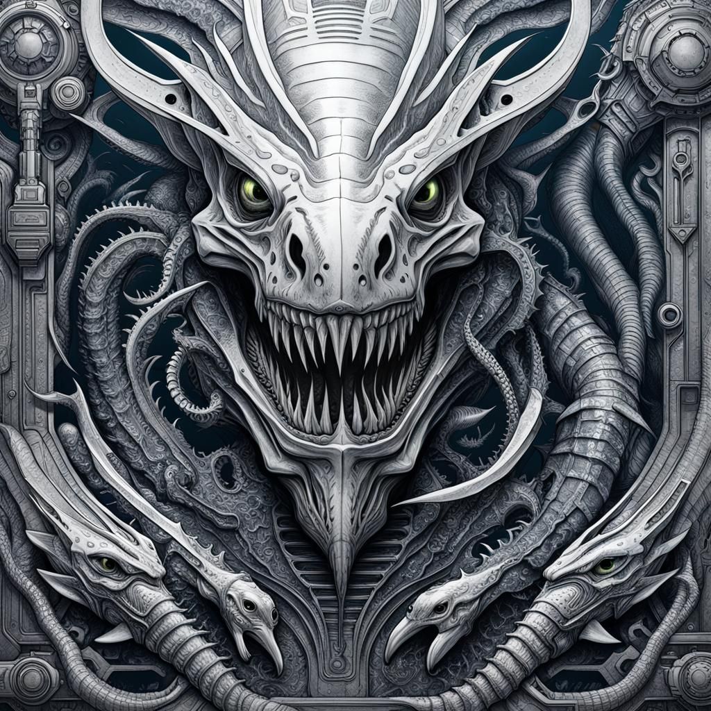 Cyberpunk Shark Terminator Etching in Alien World