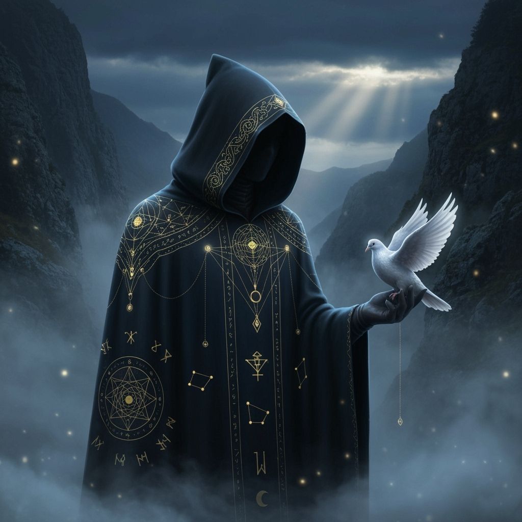 Mysterious Hooded Figure with Silver Dove in Misty Mountains