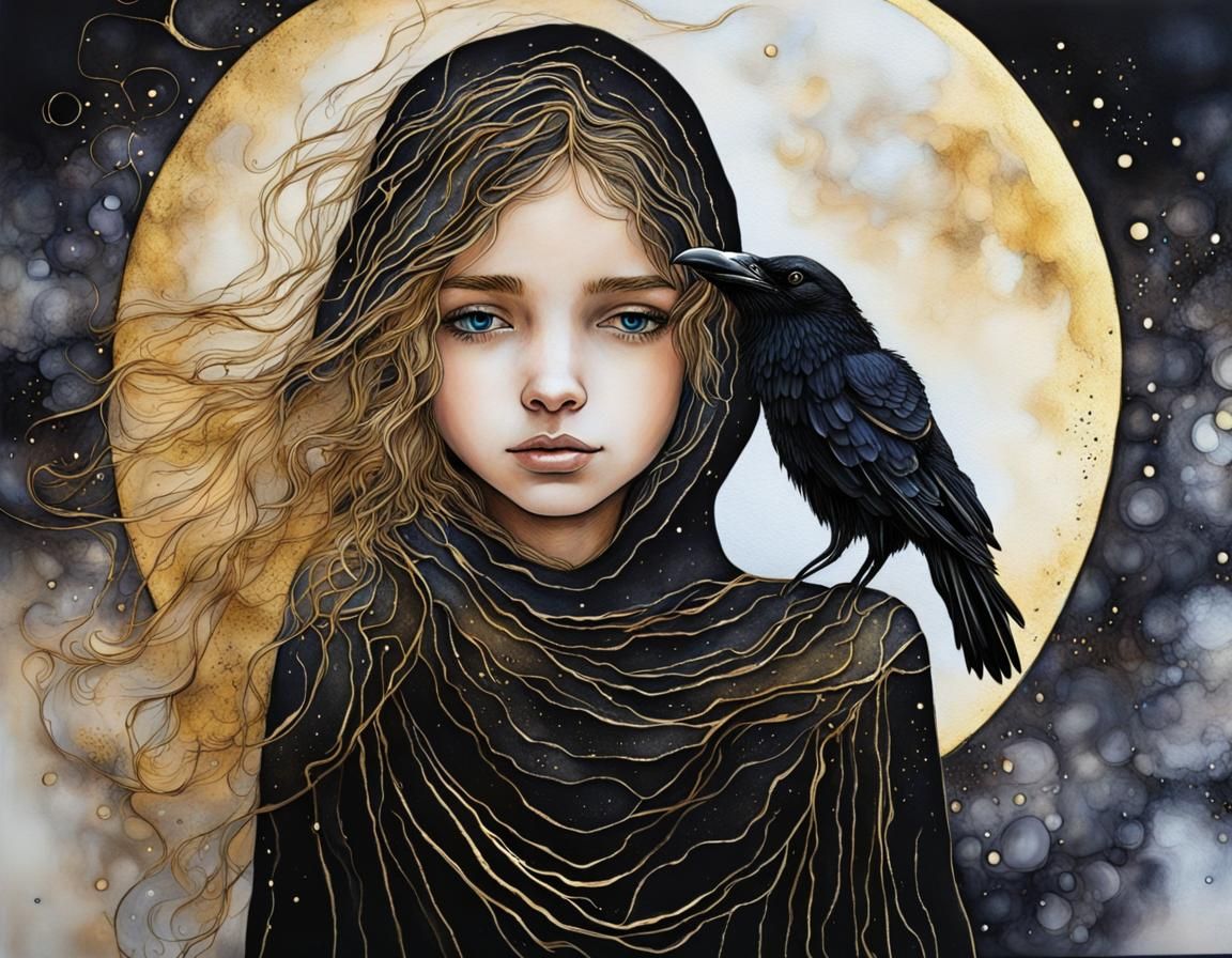 Mystical Girl and Raven Gazing at Moonlit Sky