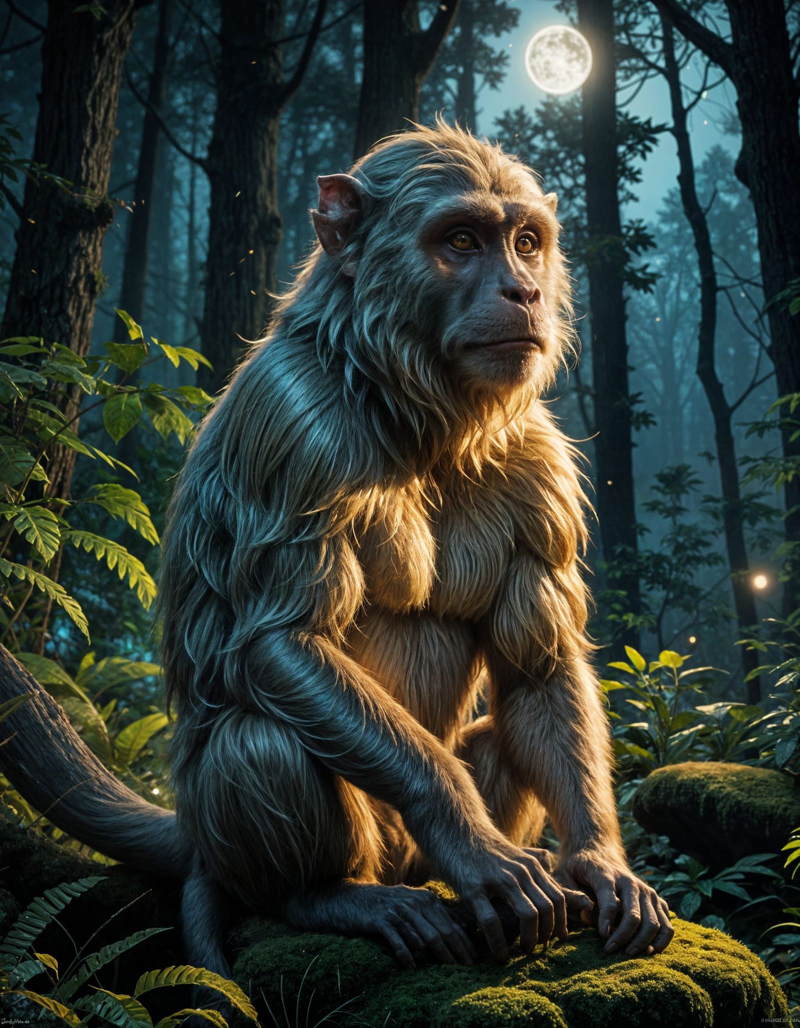 Majestic Macaque Monkey in Enchanted Bioluminescent Forest