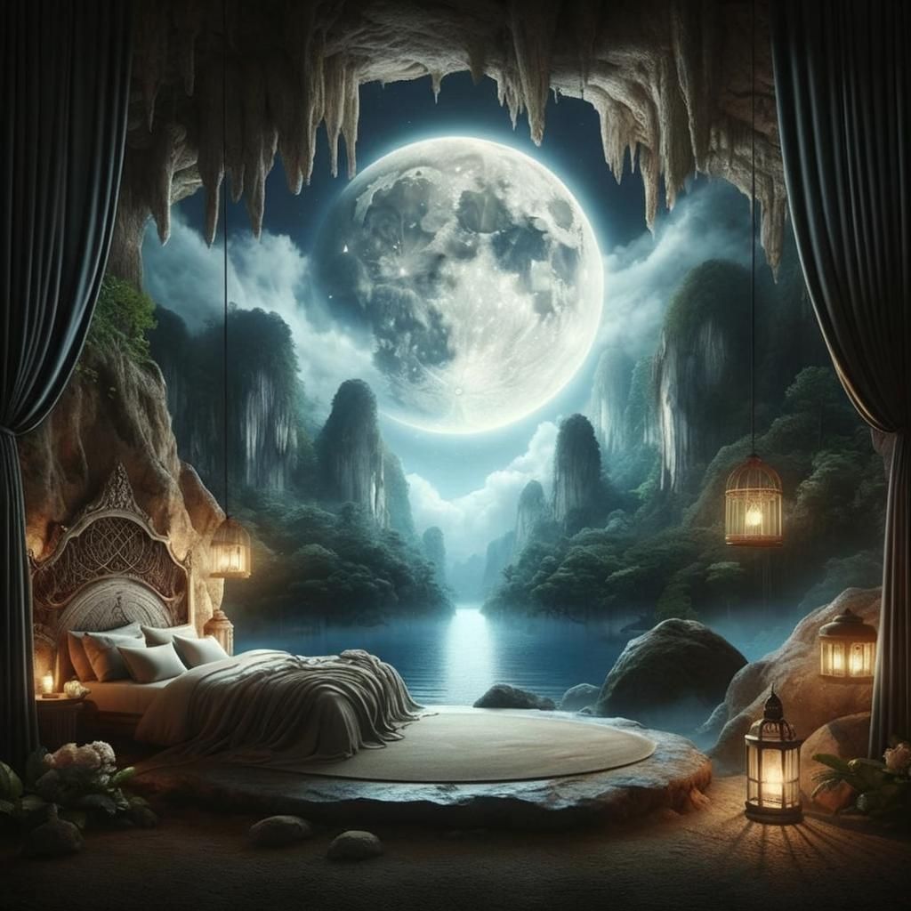 Fantasy Cave Bedroom with Moonlit Jungle View