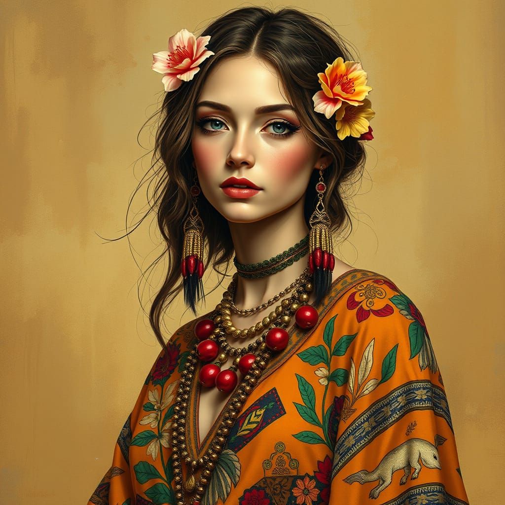 Tribal Woman with Braids in Gouache Style