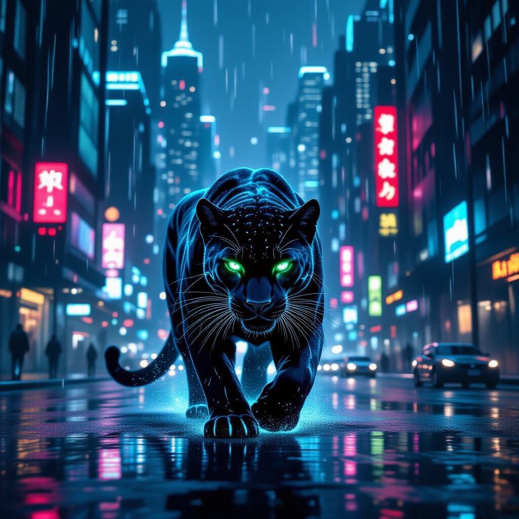 Bioluminescent Cyberpunk Panther Prowls Neon City