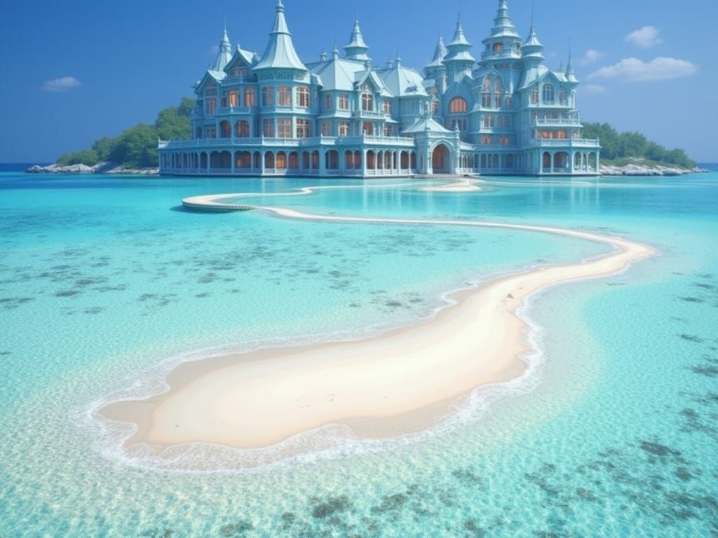 Majestic Light Blue Victorian Mansion on Sandy Beach