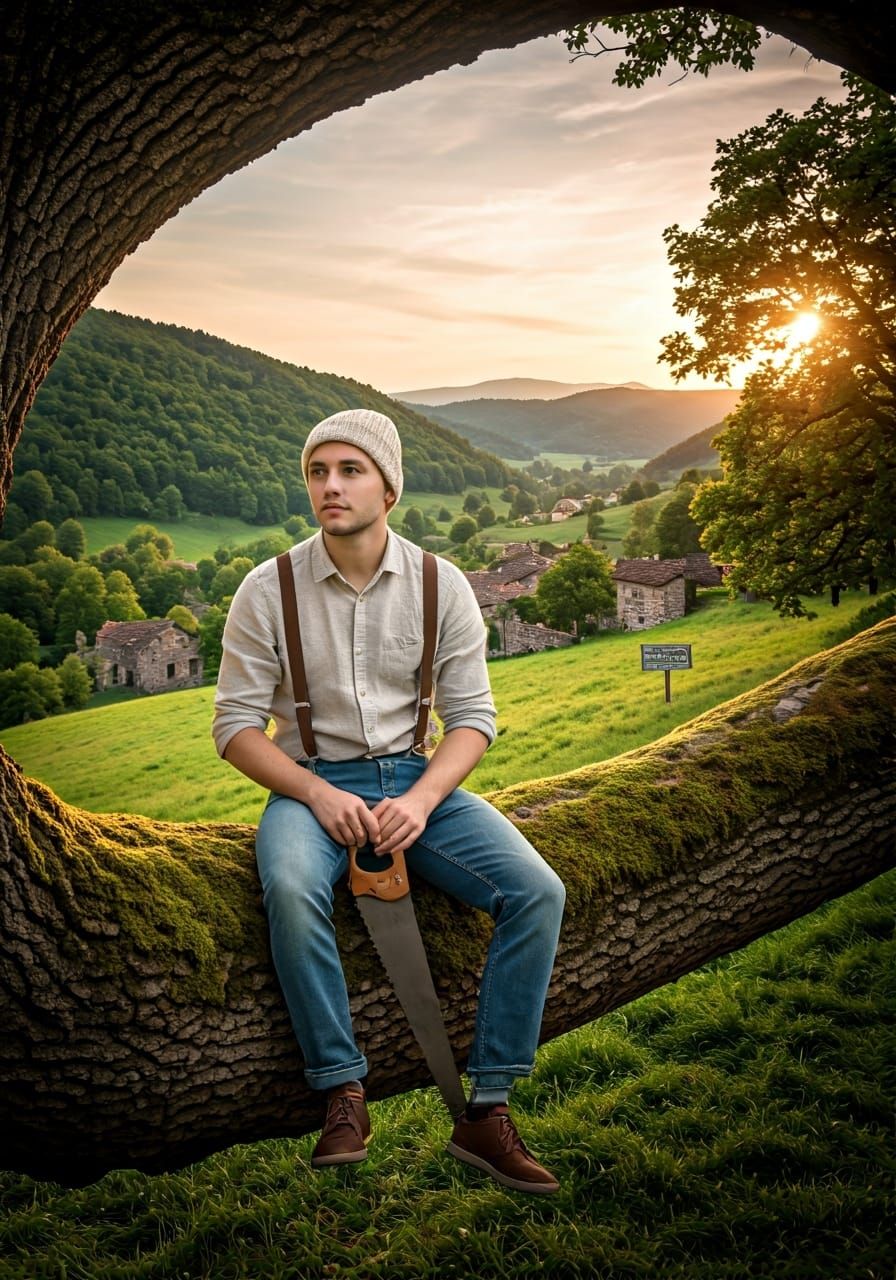Man on Branch in Whimsical Valley Portrait