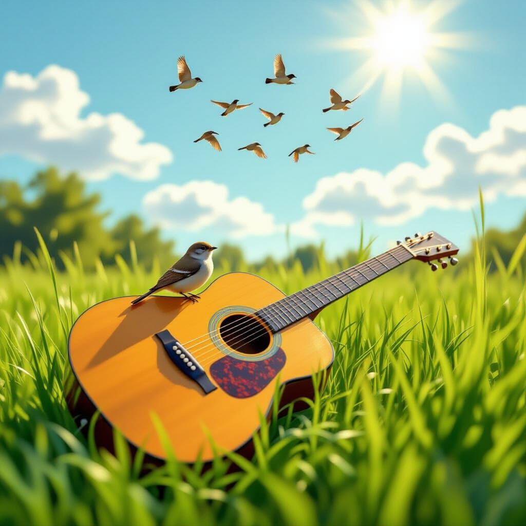 Acoustic Guitar Nestles Tiny Bird in Golden Hour Sunlight