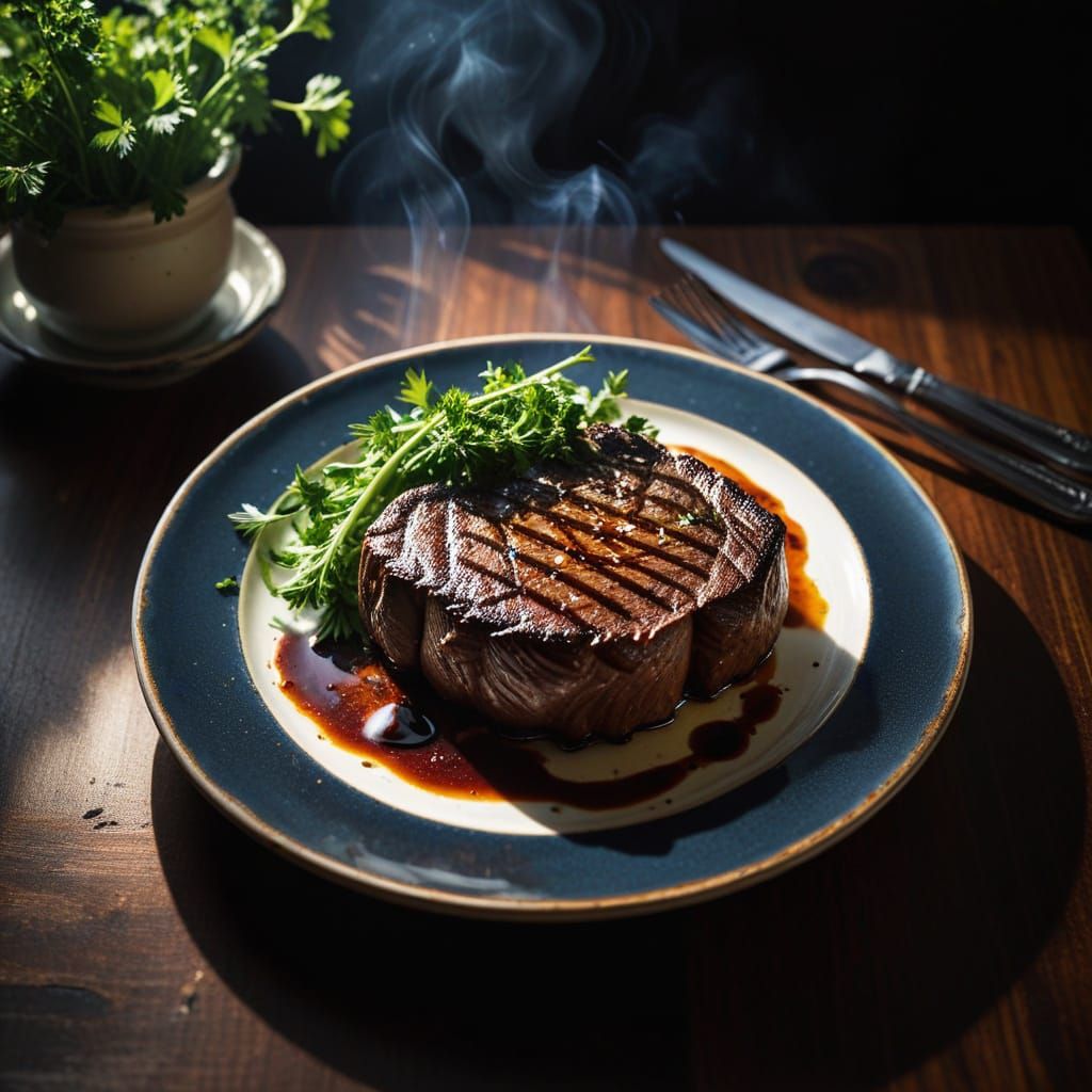 Steak in Film Noir Still Life, Macro Shot