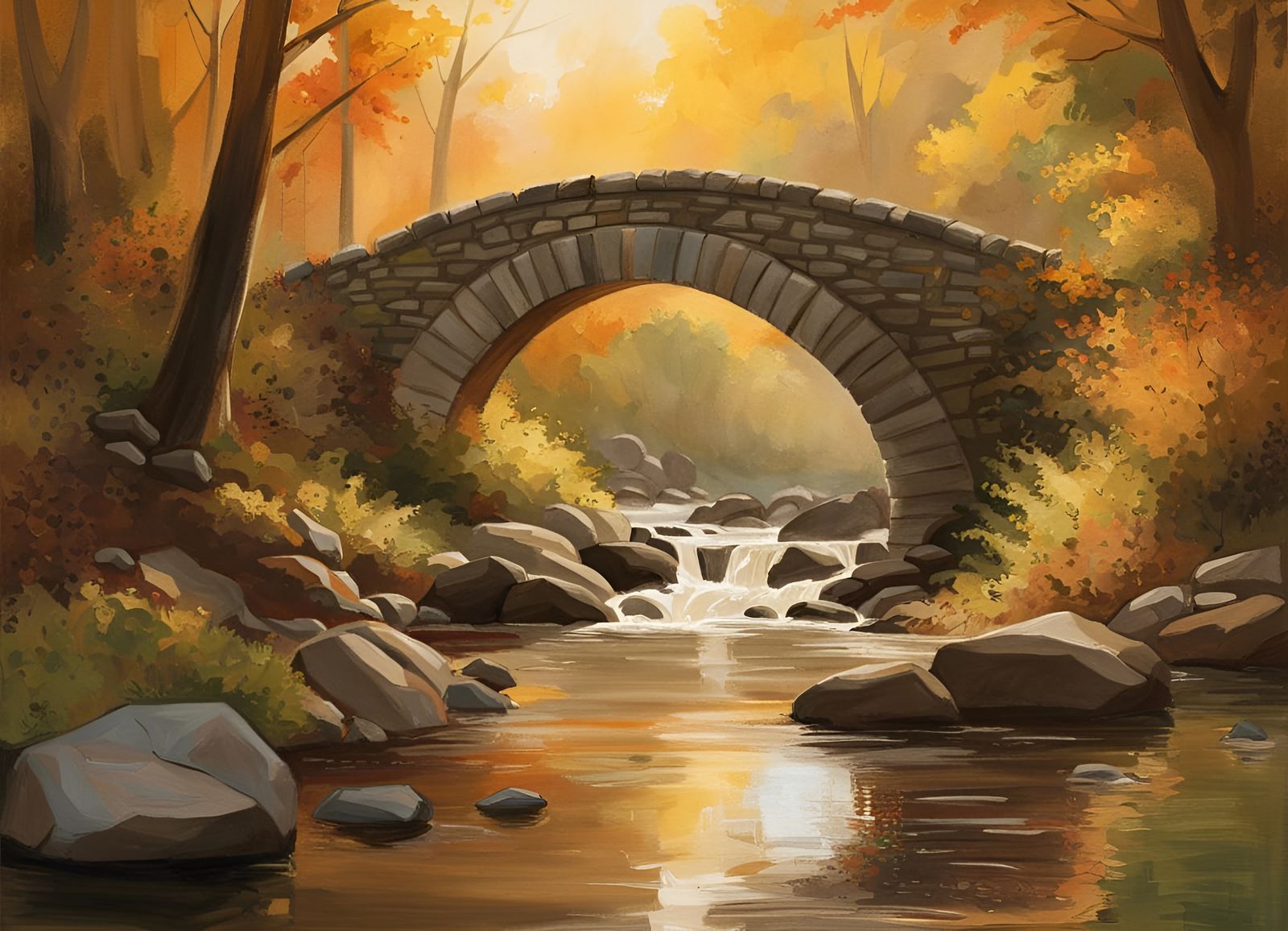 Stone Bridge in Autumn Forest, Photorealistic Painting
