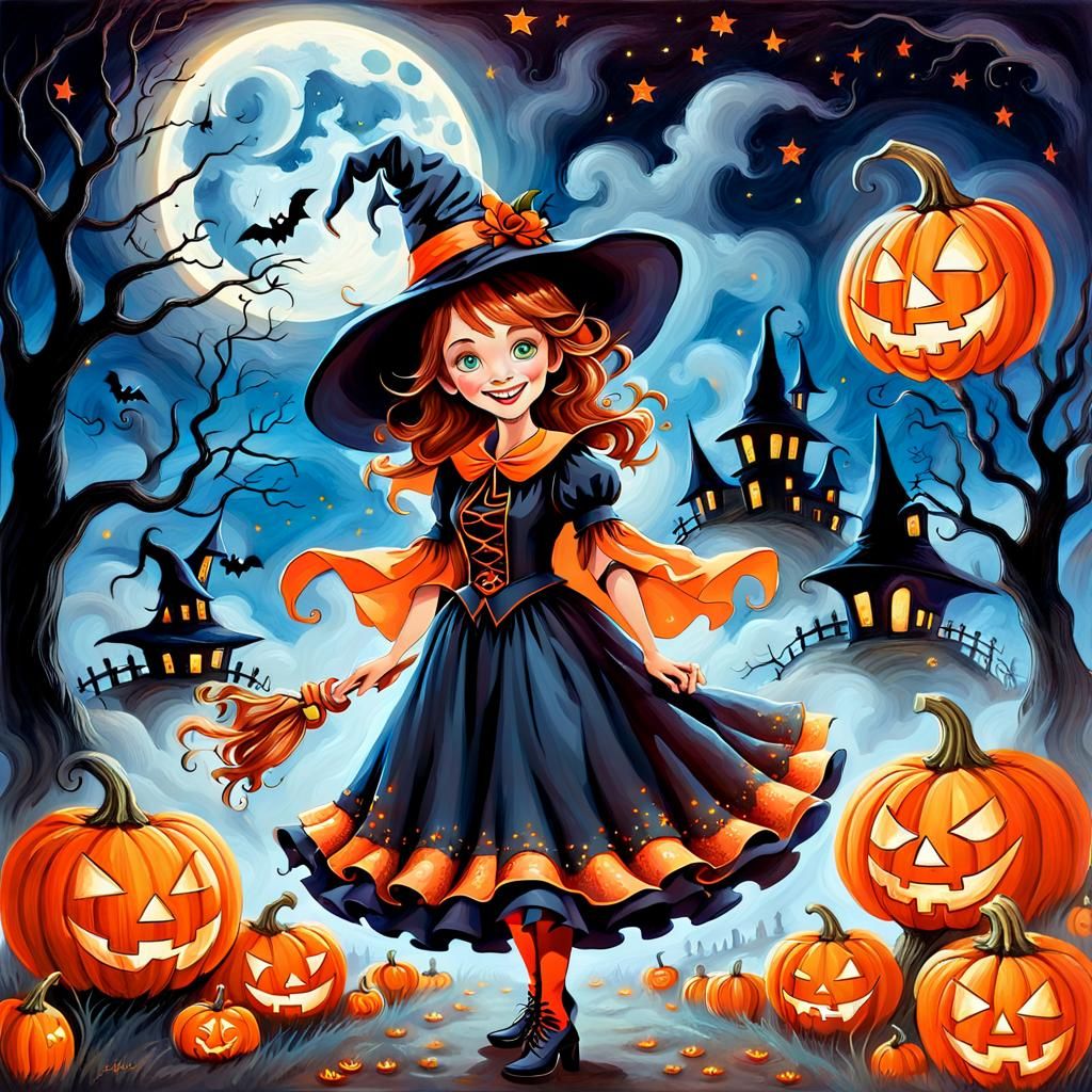 Whimsical Good Witch in Spooky Halloween Scene
